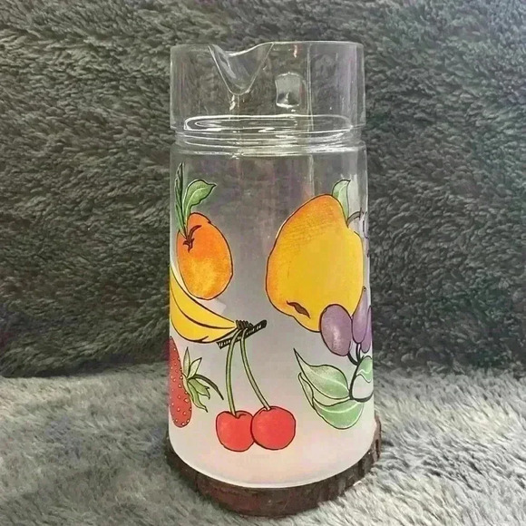 Vintage 80s Fruit Pattern Frosted Glass Pitcher Dartington France - Picture 2 of 16